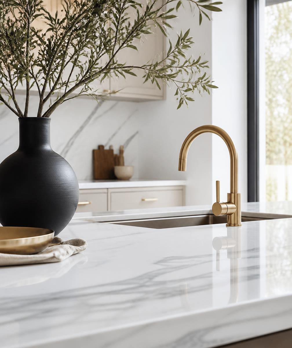 Spotless marble kitchen counter with gold faucet
