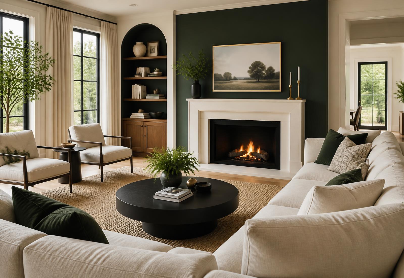 Immaculately clean modern living room with fireplace